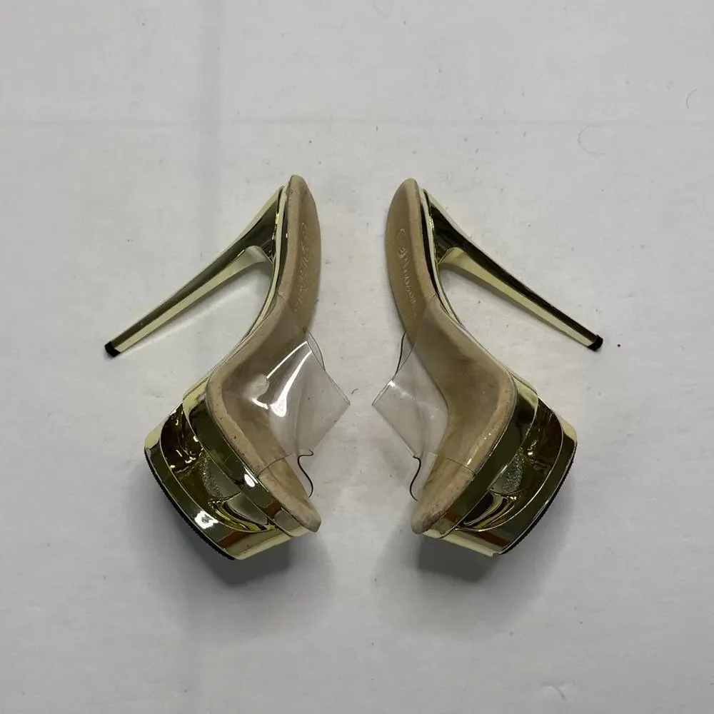 Pleaser vintage y2k Gold platform heels clear plastic straps club heels size 6